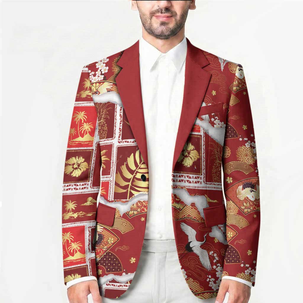 Hawaii Japanese Culture Red Blazer Spring Cranes Aloha Pattern