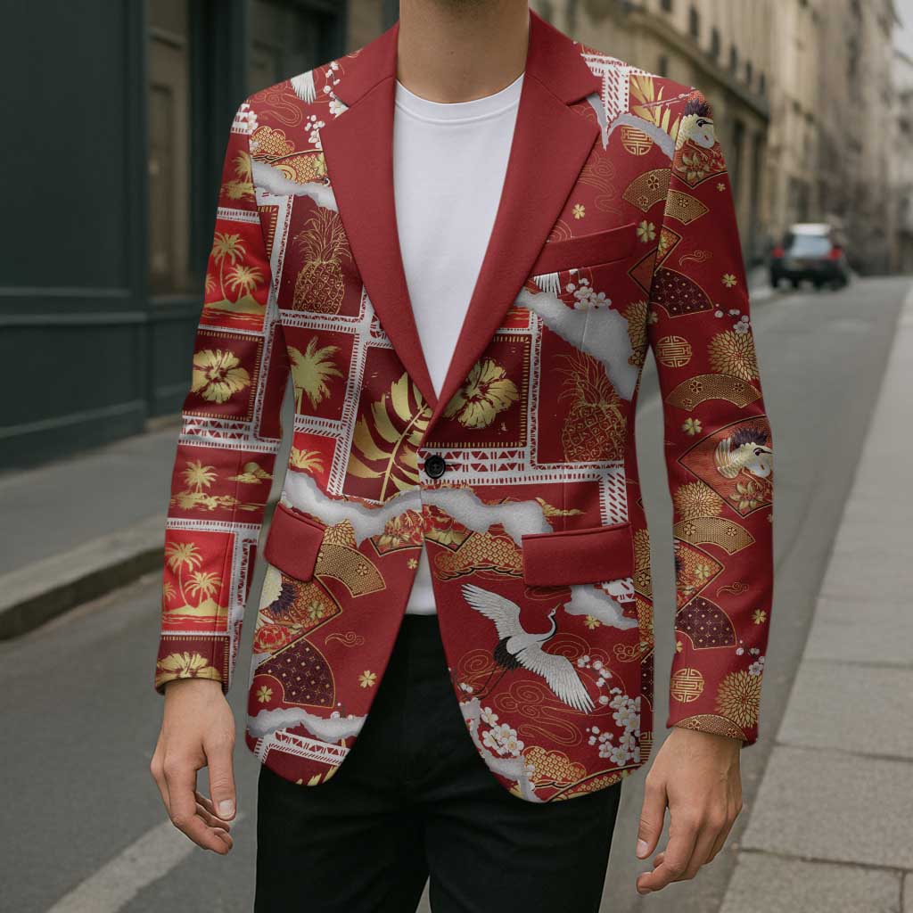Hawaii Japanese Culture Red Blazer Spring Cranes Aloha Pattern