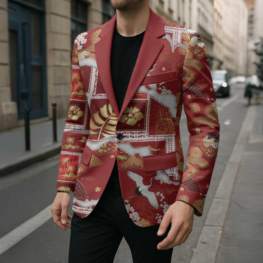 Hawaii Japanese Culture Red Blazer Spring Cranes Aloha Pattern