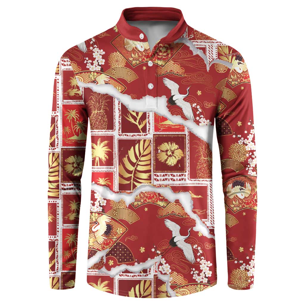 Hawaii Japanese Culture Red Button Sweatshirt Spring Cranes Aloha Pattern