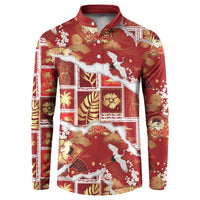 Hawaii Japanese Culture Red Button Sweatshirt Spring Cranes Aloha Pattern