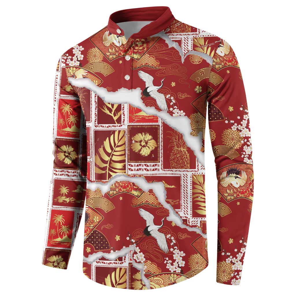 Hawaii Japanese Culture Red Button Sweatshirt Spring Cranes Aloha Pattern