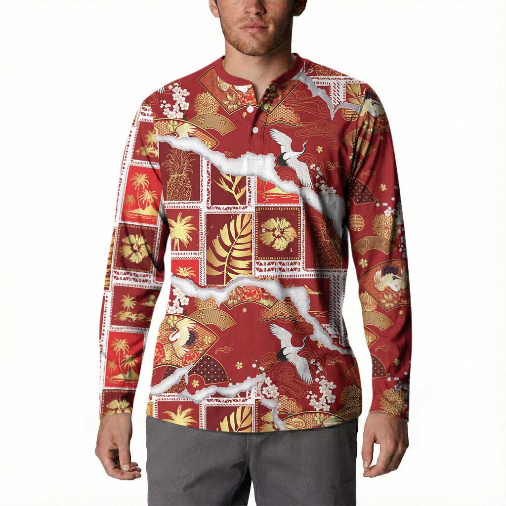 Hawaii Japanese Culture Red Button Sweatshirt Spring Cranes Aloha Pattern