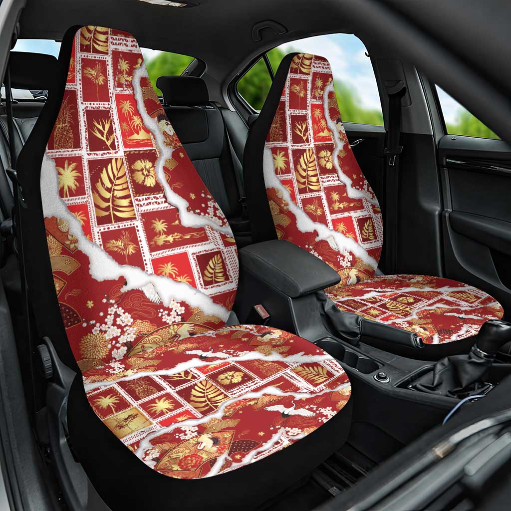 Hawaii Japanese Culture Red Car Seat Cover Spring Cranes Aloha Pattern LT01 One Size Red - Polynesian Pride
