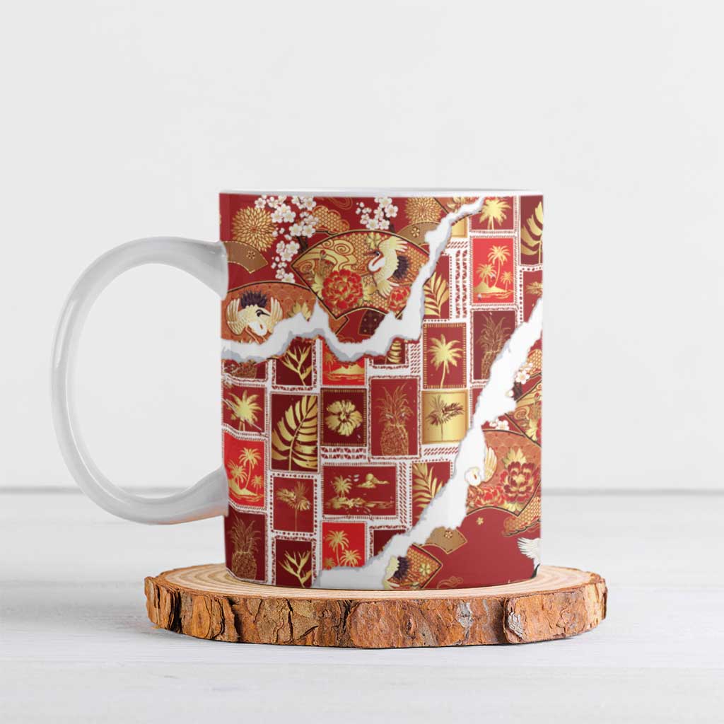Hawaii Japanese Culture Red Ceramic Mug Spring Cranes Aloha Pattern