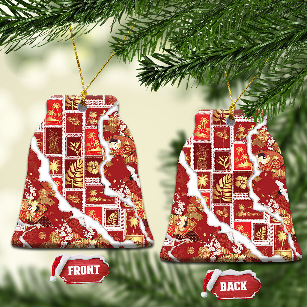 Hawaii Japanese Culture Red Ceramic Ornament Spring Cranes Aloha Pattern LT01 Bell Flake Red - Polynesian Pride