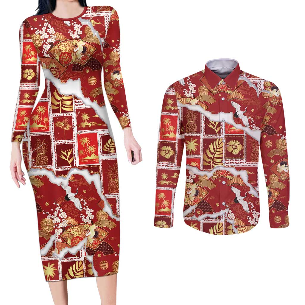 Hawaii Japanese Culture Red Couples Matching Long Sleeve Bodycon Dress and Long Sleeve Button Shirt Spring Cranes Aloha Pattern LT01 Red - Polynesian Pride