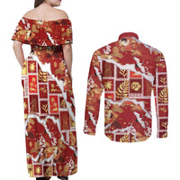 Hawaii Japanese Culture Red Couples Matching Off Shoulder Maxi Dress and Long Sleeve Button Shirt Spring Cranes Aloha Pattern