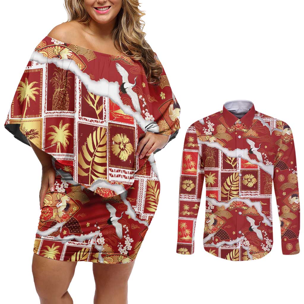 Hawaii Japanese Culture Red Couples Matching Off Shoulder Short Dress and Long Sleeve Button Shirt Spring Cranes Aloha Pattern
