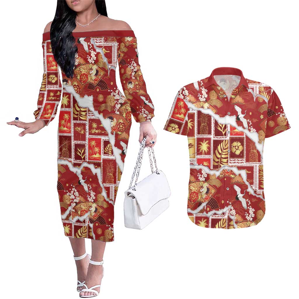 Hawaii Japanese Culture Red Couples Matching Off The Shoulder Long Sleeve Dress and Hawaiian Shirt Spring Cranes Aloha Pattern LT01 Red - Polynesian Pride