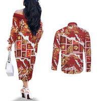 Hawaii Japanese Culture Red Couples Matching Off The Shoulder Long Sleeve Dress and Long Sleeve Button Shirt Spring Cranes Aloha Pattern LT01 - Polynesian Pride