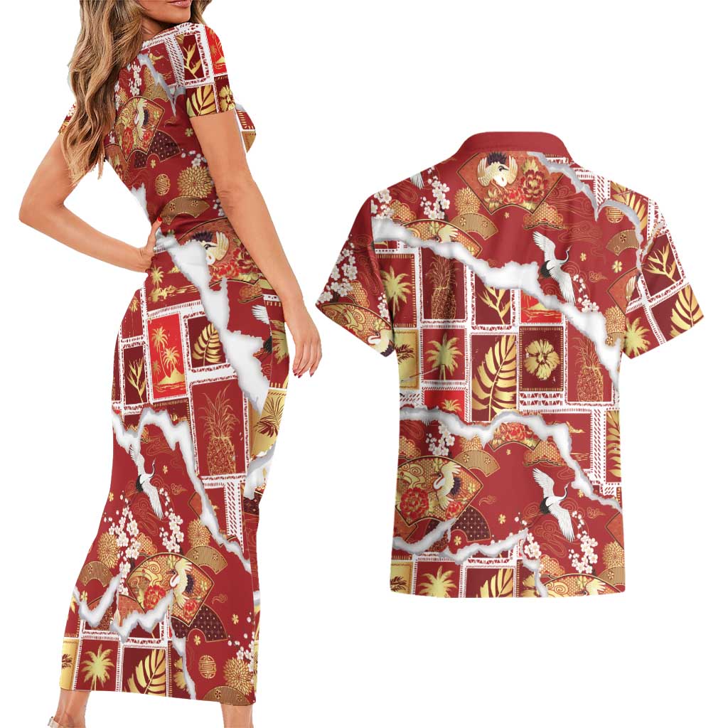 Hawaii Japanese Culture Red Couples Matching Short Sleeve Bodycon Dress and Hawaiian Shirt Spring Cranes Aloha Pattern LT01 - Polynesian Pride