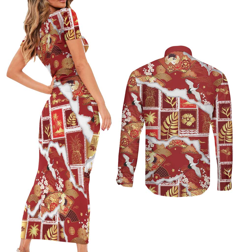 Hawaii Japanese Culture Red Couples Matching Short Sleeve Bodycon Dress and Long Sleeve Button Shirt Spring Cranes Aloha Pattern LT01 - Polynesian Pride