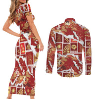 Hawaii Japanese Culture Red Couples Matching Short Sleeve Bodycon Dress and Long Sleeve Button Shirt Spring Cranes Aloha Pattern LT01 - Polynesian Pride