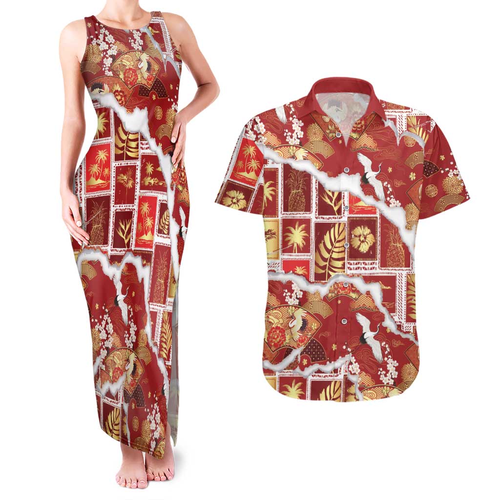 Hawaii Japanese Culture Red Couples Matching Tank Maxi Dress and Hawaiian Shirt Spring Cranes Aloha Pattern LT01 Red - Polynesian Pride