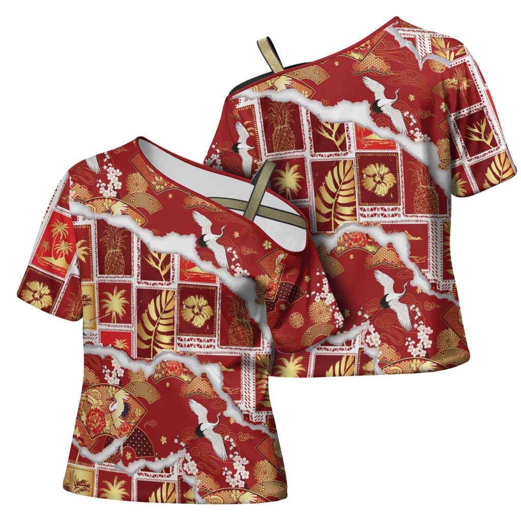 Hawaii Japanese Culture Red Cross Shoulder Shirt Spring Cranes Aloha Pattern