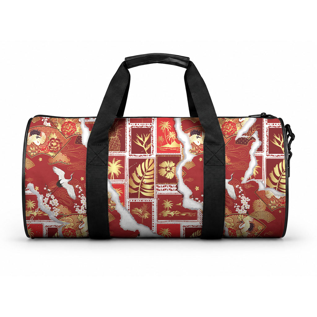 Hawaii Japanese Culture Red Duffle Bag Spring Cranes Aloha Pattern