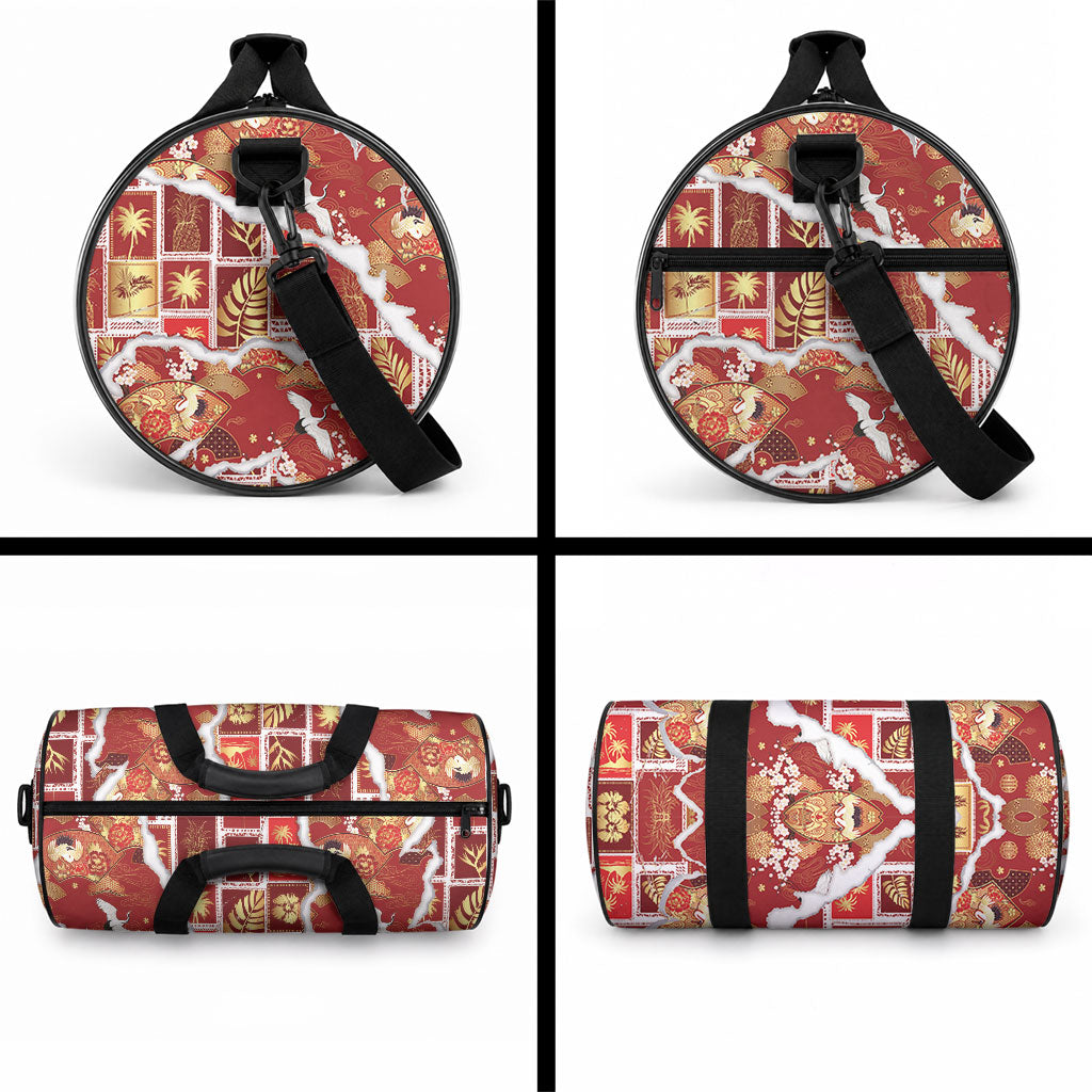 Hawaii Japanese Culture Red Duffle Bag Spring Cranes Aloha Pattern