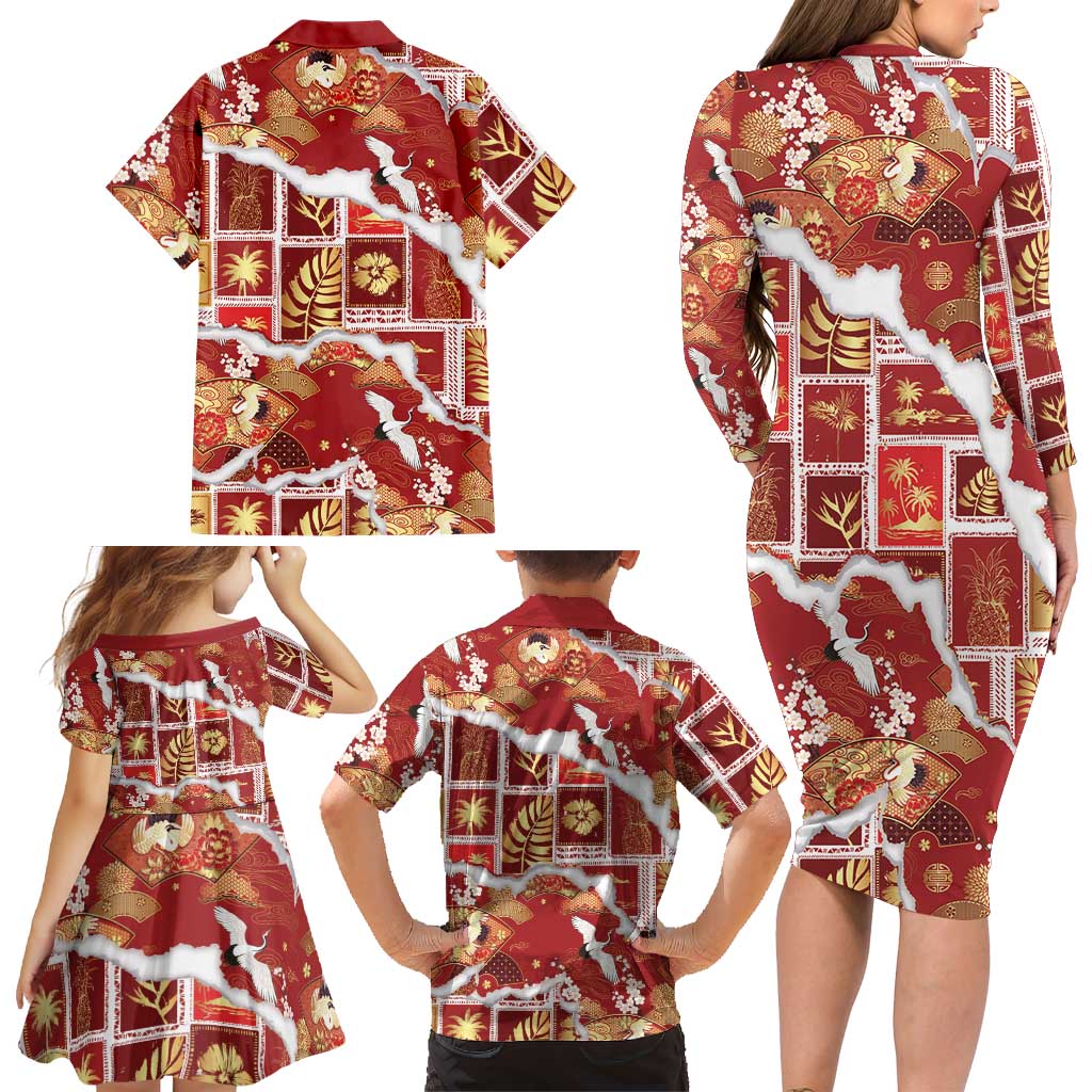 Hawaii Japanese Culture Red Family Matching Long Sleeve Bodycon Dress and Hawaiian Shirt Spring Cranes Aloha Pattern