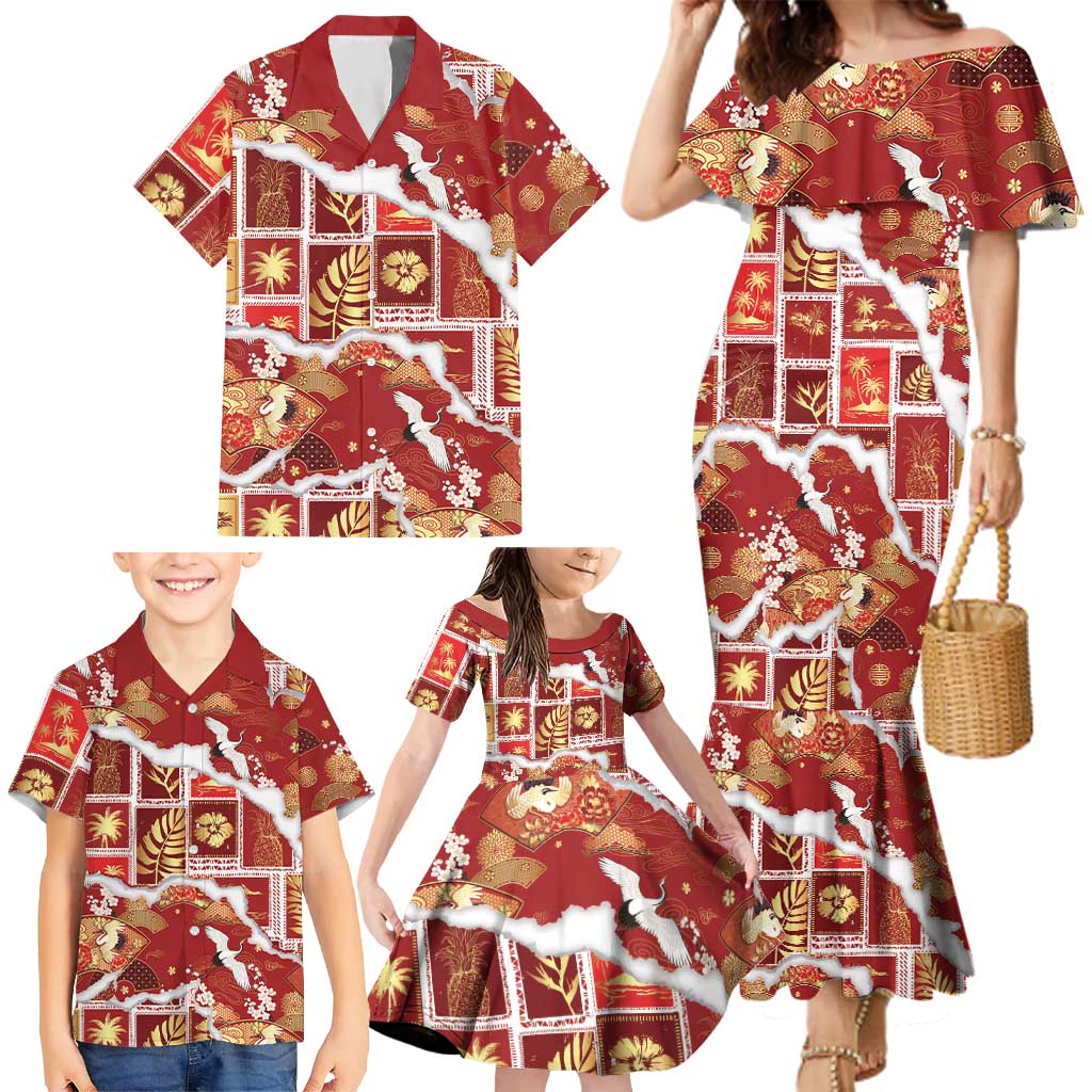 Hawaii Japanese Culture Red Family Matching Mermaid Dress and Hawaiian Shirt Spring Cranes Aloha Pattern