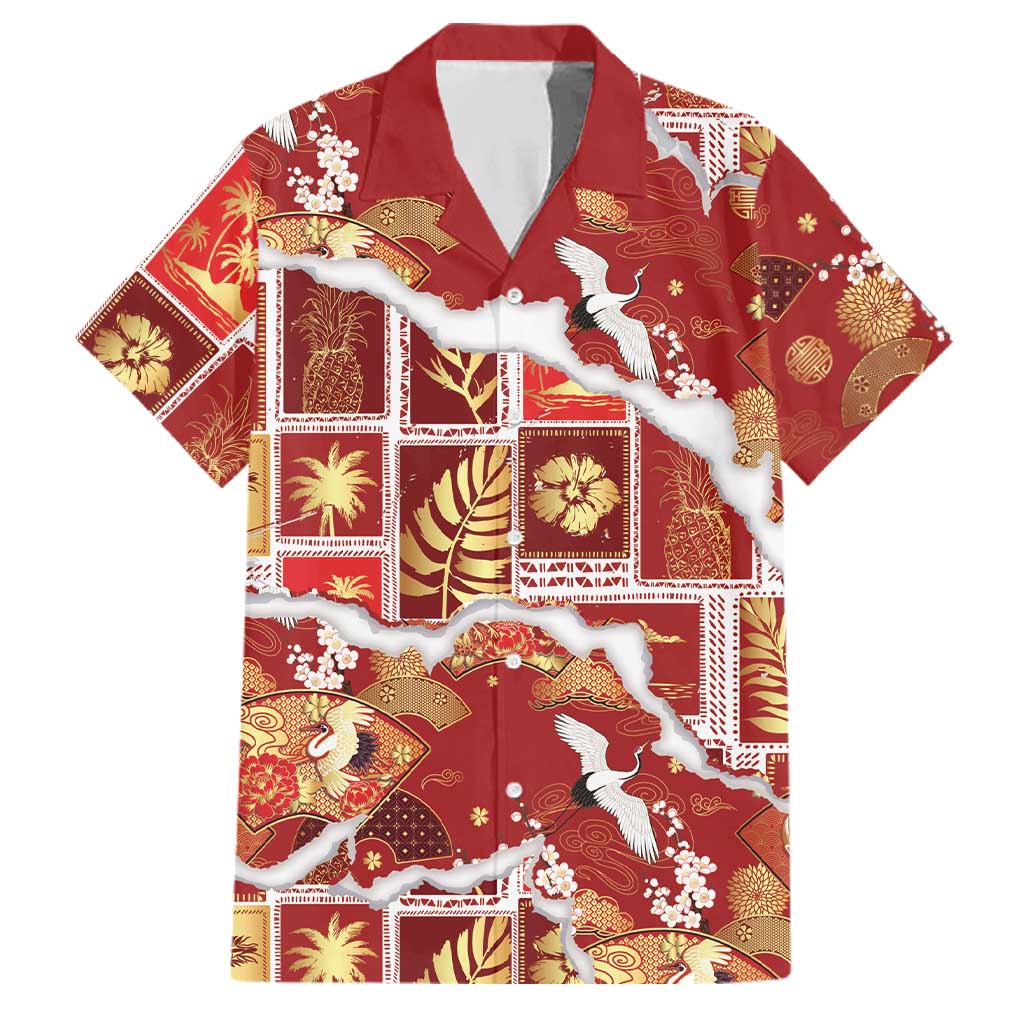 Hawaii Japanese Culture Red Family Matching Off The Shoulder Long Sleeve Dress and Hawaiian Shirt Spring Cranes Aloha Pattern