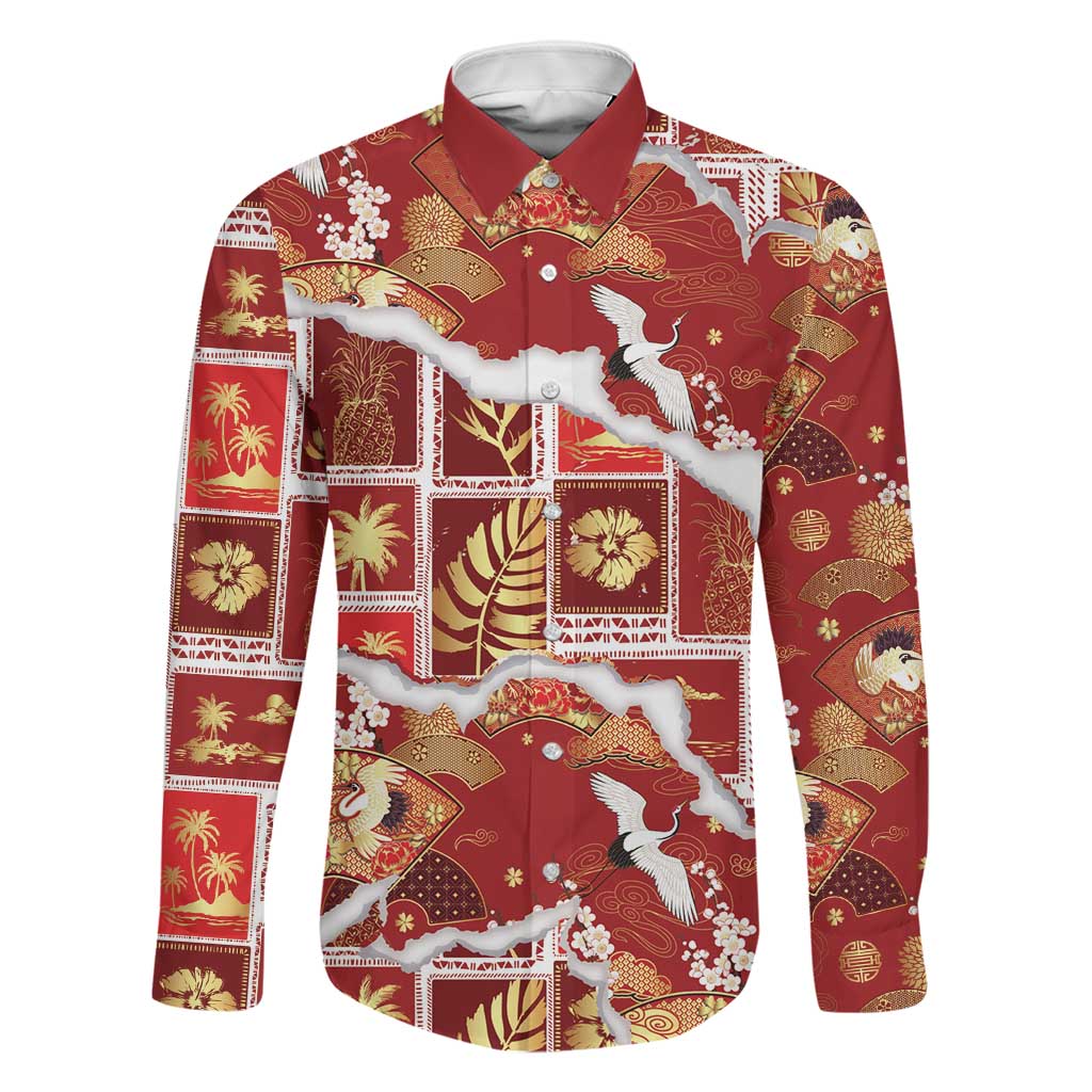 Hawaii Japanese Culture Red Family Matching Off Shoulder Maxi Dress and Hawaiian Shirt Spring Cranes Aloha Pattern LT01 Dad's Shirt - Long Sleeve Red - Polynesian Pride
