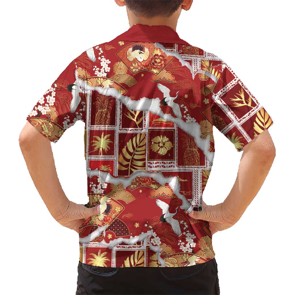 Hawaii Japanese Culture Red Family Matching Off Shoulder Short Dress and Hawaiian Shirt Spring Cranes Aloha Pattern LT01 - Polynesian Pride