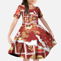 Hawaii Japanese Culture Red Family Matching Off Shoulder Short Dress and Hawaiian Shirt Spring Cranes Aloha Pattern LT01 Daughter's Dress Red - Polynesian Pride
