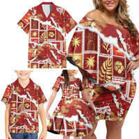 Hawaii Japanese Culture Red Family Matching Off Shoulder Short Dress and Hawaiian Shirt Spring Cranes Aloha Pattern LT01 - Polynesian Pride