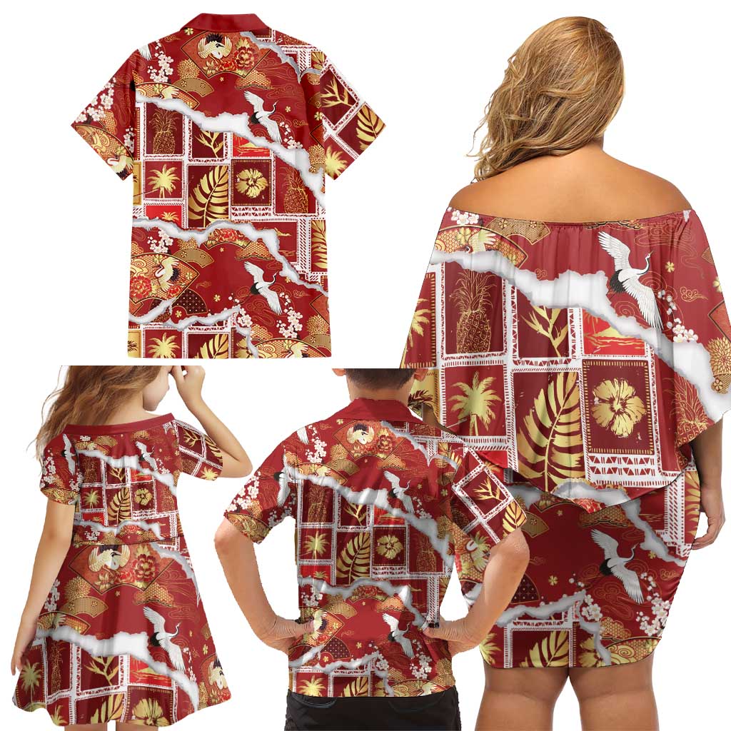 Hawaii Japanese Culture Red Family Matching Off Shoulder Short Dress and Hawaiian Shirt Spring Cranes Aloha Pattern LT01 - Polynesian Pride