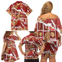 Hawaii Japanese Culture Red Family Matching Off Shoulder Short Dress and Hawaiian Shirt Spring Cranes Aloha Pattern LT01 - Polynesian Pride