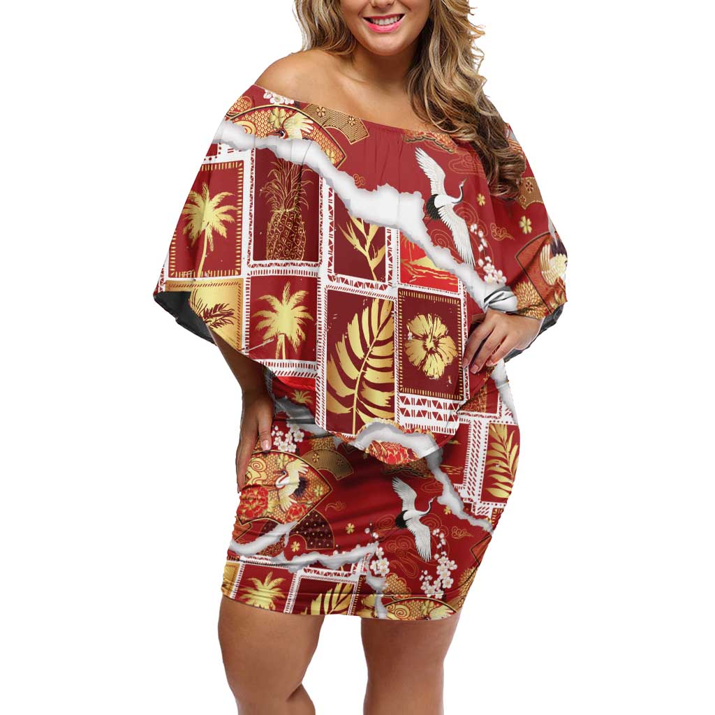 Hawaii Japanese Culture Red Family Matching Off Shoulder Short Dress and Hawaiian Shirt Spring Cranes Aloha Pattern LT01 Mom's Dress Red - Polynesian Pride