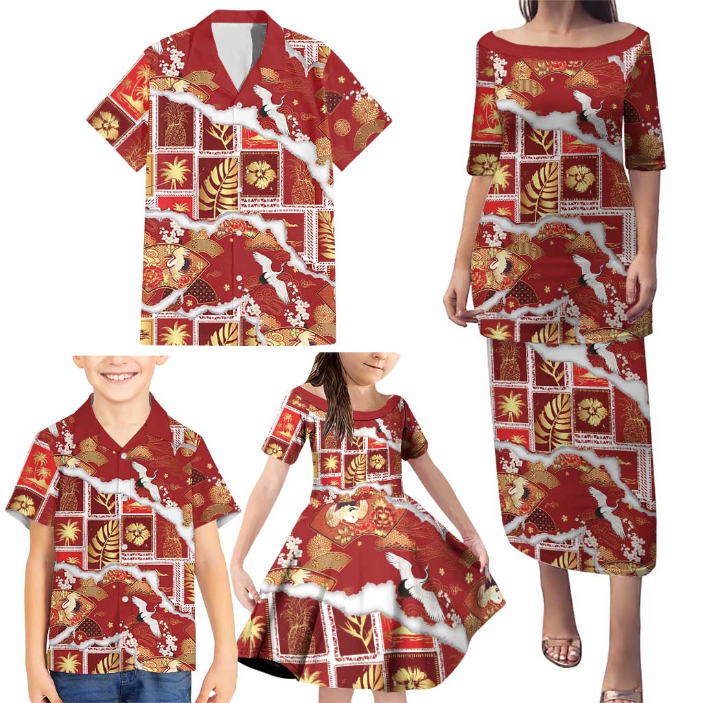 Hawaii Japanese Culture Red Family Matching Puletasi and Hawaiian Shirt Spring Cranes Aloha Pattern LT01 - Polynesian Pride