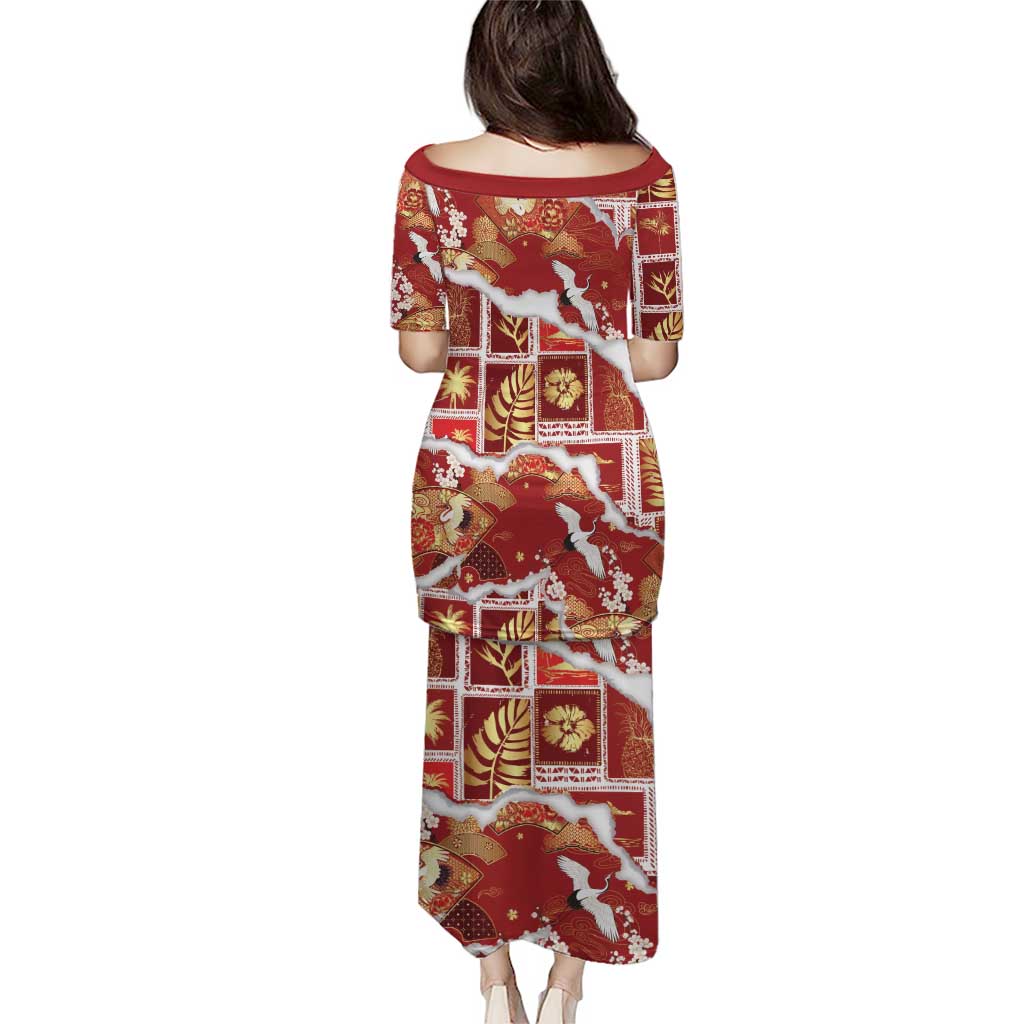 Hawaii Japanese Culture Red Family Matching Puletasi and Hawaiian Shirt Spring Cranes Aloha Pattern LT01 - Polynesian Pride