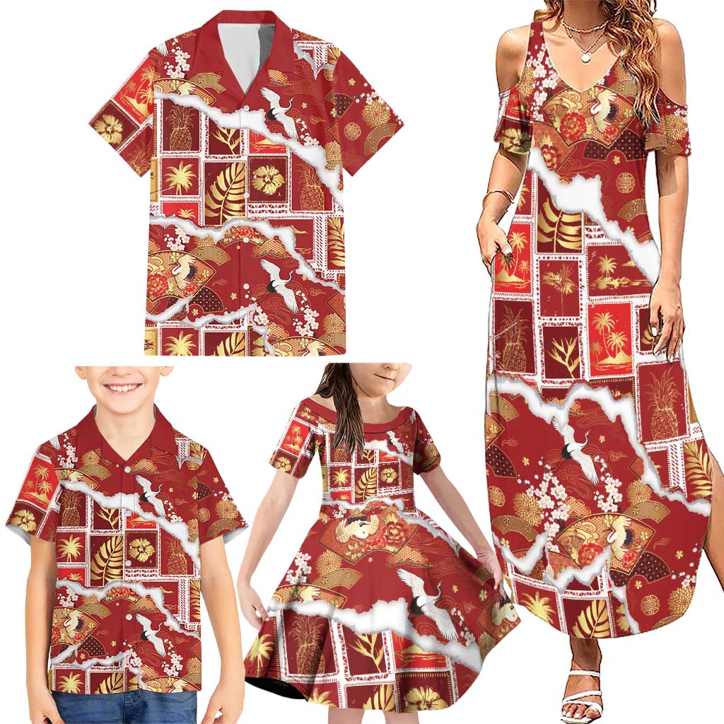 Hawaii Japanese Culture Red Family Matching Summer Maxi Dress and Hawaiian Shirt Spring Cranes Aloha Pattern LT01 - Polynesian Pride