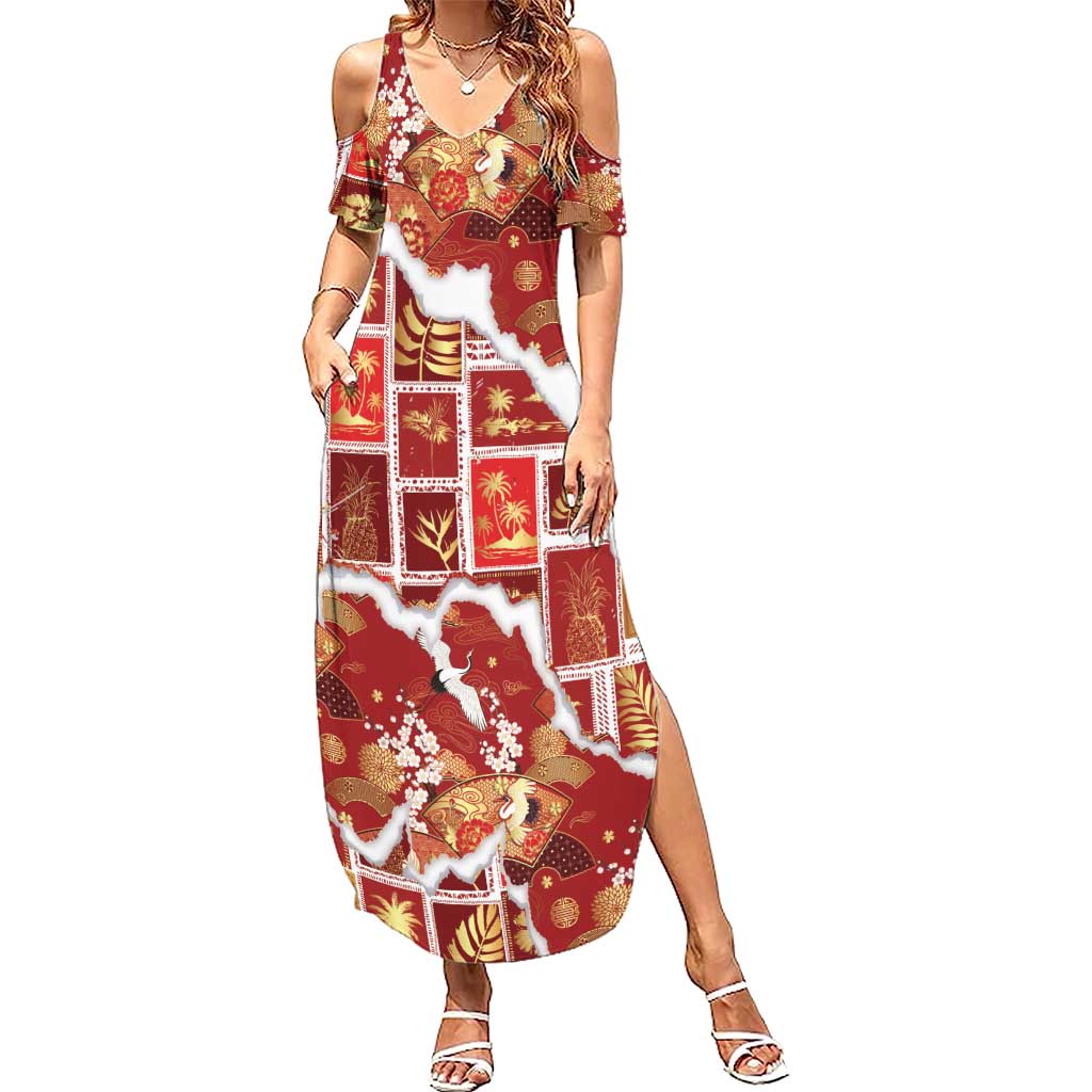 Hawaii Japanese Culture Red Family Matching Summer Maxi Dress and Hawaiian Shirt Spring Cranes Aloha Pattern LT01 Mom's Dress Red - Polynesian Pride