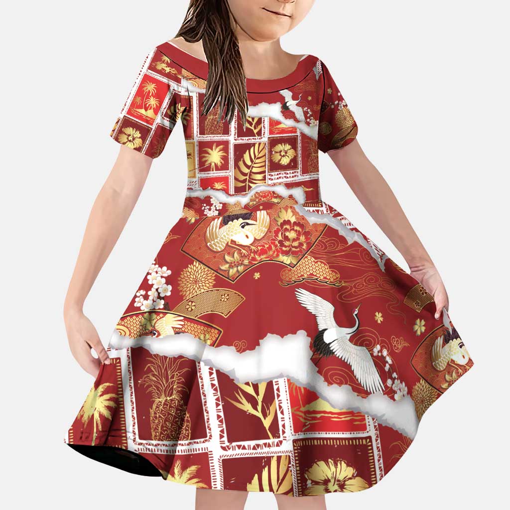 Hawaii Japanese Culture Red Family Matching Tank Maxi Dress and Hawaiian Shirt Spring Cranes Aloha Pattern LT01 Daughter's Dress Red - Polynesian Pride