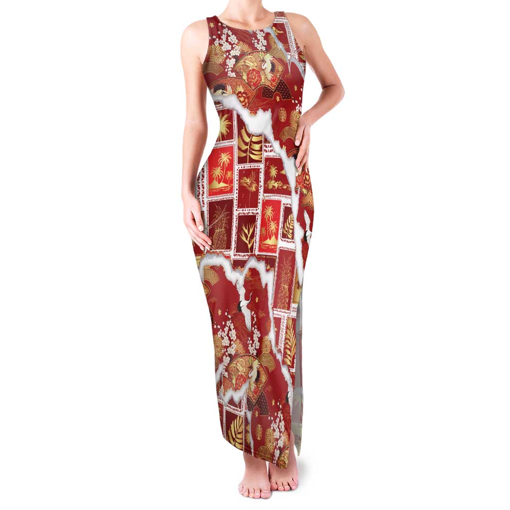 Hawaii Japanese Culture Red Family Matching Tank Maxi Dress and Hawaiian Shirt Spring Cranes Aloha Pattern LT01 Mom's Dress Red - Polynesian Pride