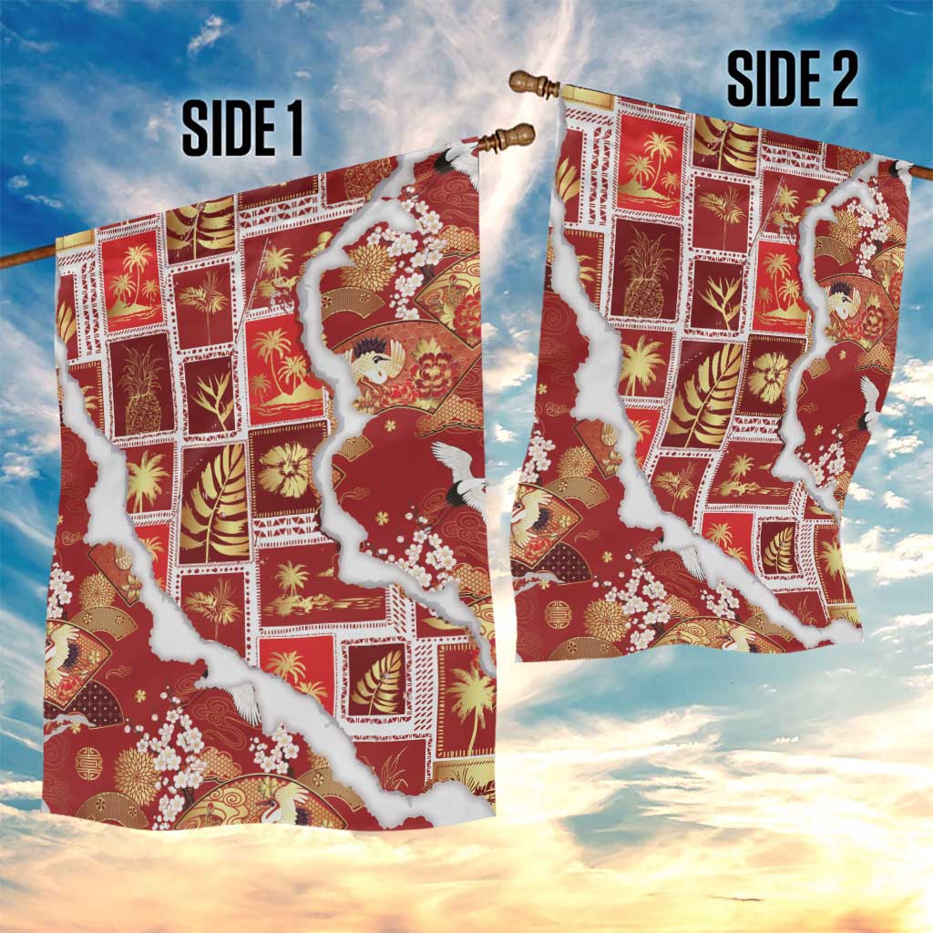 Hawaii Japanese Culture Red Garden Flag Spring Cranes Aloha Pattern