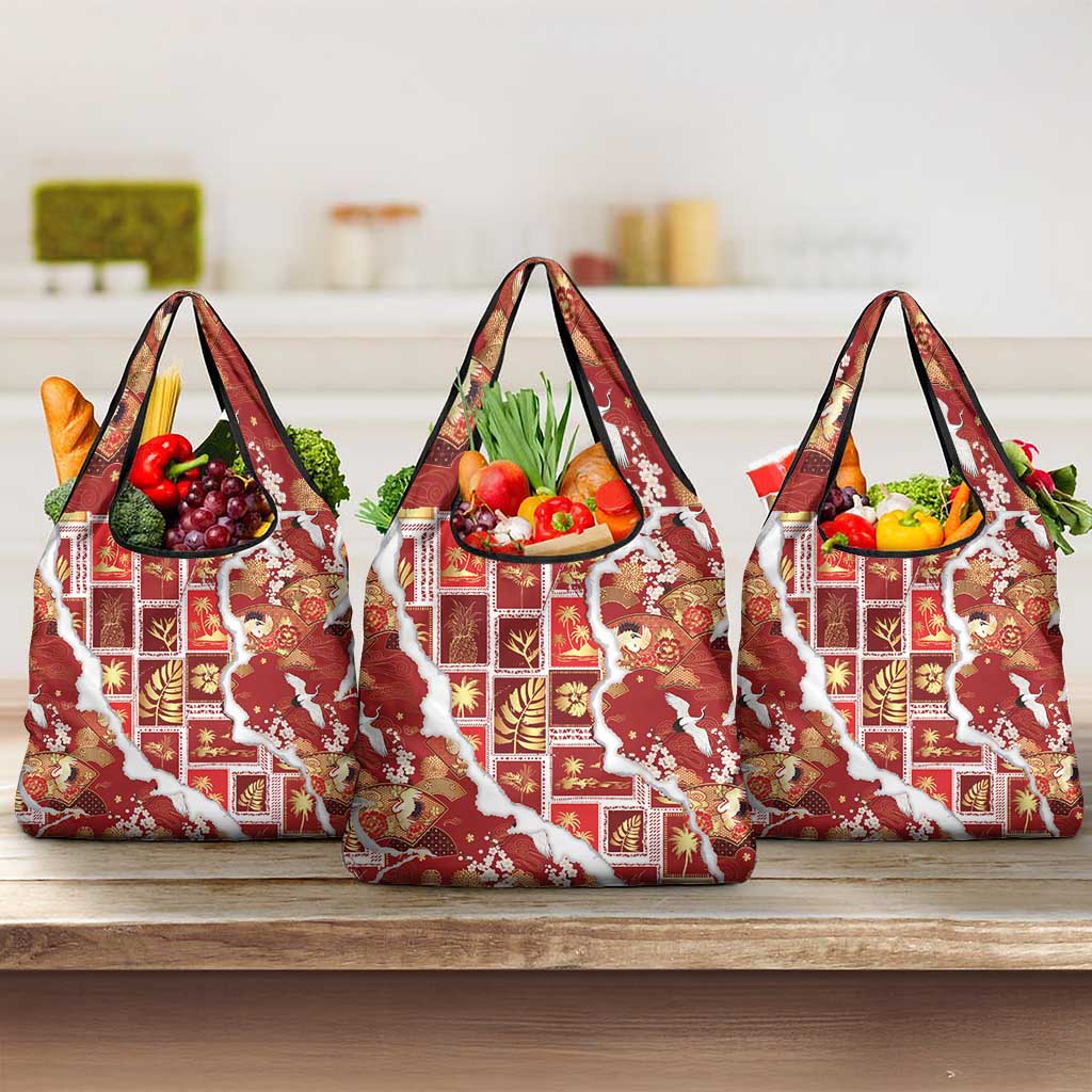 Hawaii Japanese Culture Red Grocery Bag Spring Cranes Aloha Pattern