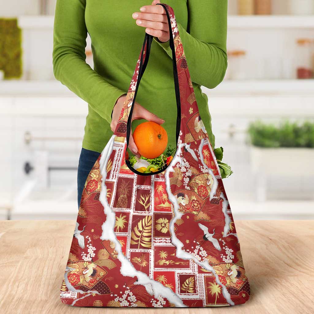 Hawaii Japanese Culture Red Grocery Bag Spring Cranes Aloha Pattern