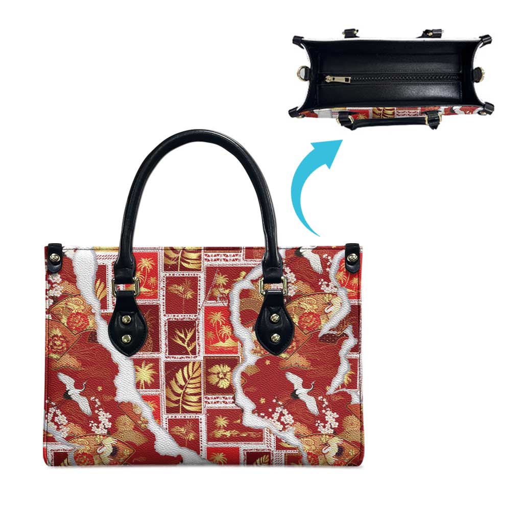 Hawaii Japanese Culture Red Leather Bag Spring Cranes Aloha Pattern
