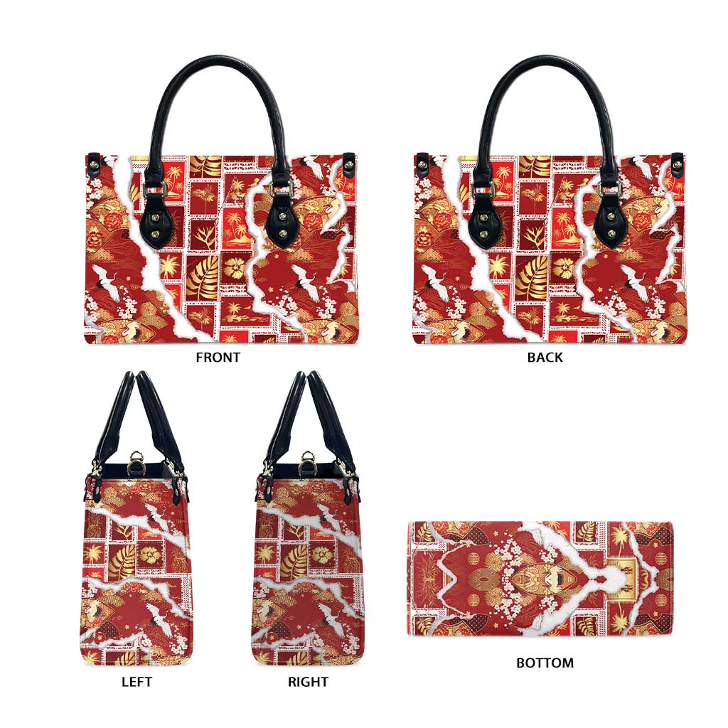 Hawaii Japanese Culture Red Leather Bag Spring Cranes Aloha Pattern