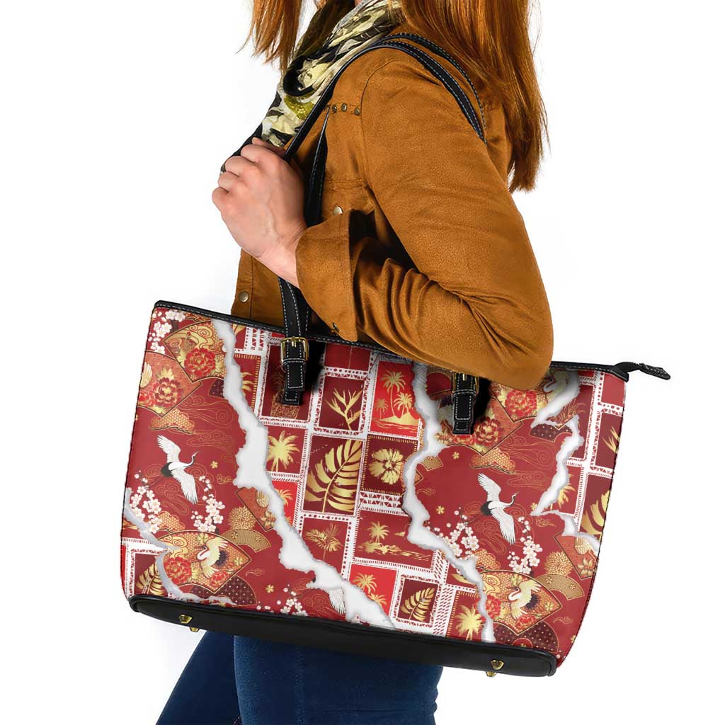 Hawaii Japanese Culture Red Leather Tote Bag Spring Cranes Aloha Pattern LT01 Red - Polynesian Pride