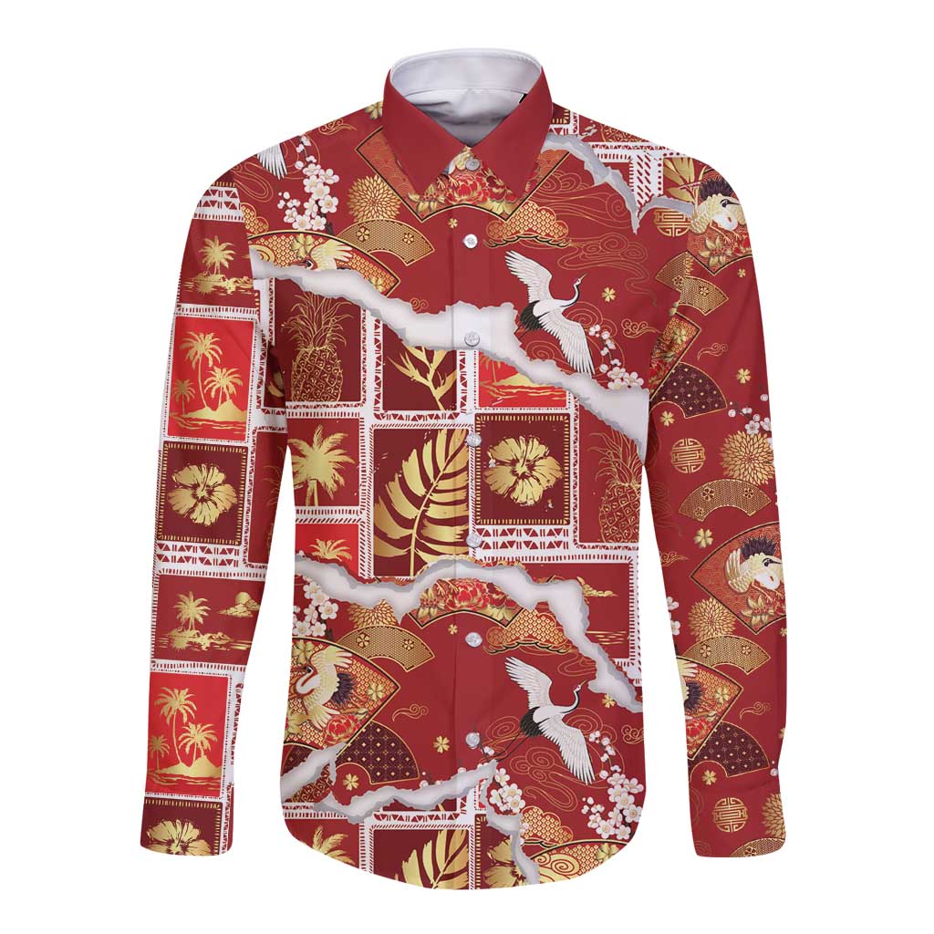 Hawaii Japanese Culture Red Long Sleeve Button Shirt Spring Cranes Aloha Pattern