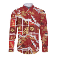 Hawaii Japanese Culture Red Long Sleeve Button Shirt Spring Cranes Aloha Pattern