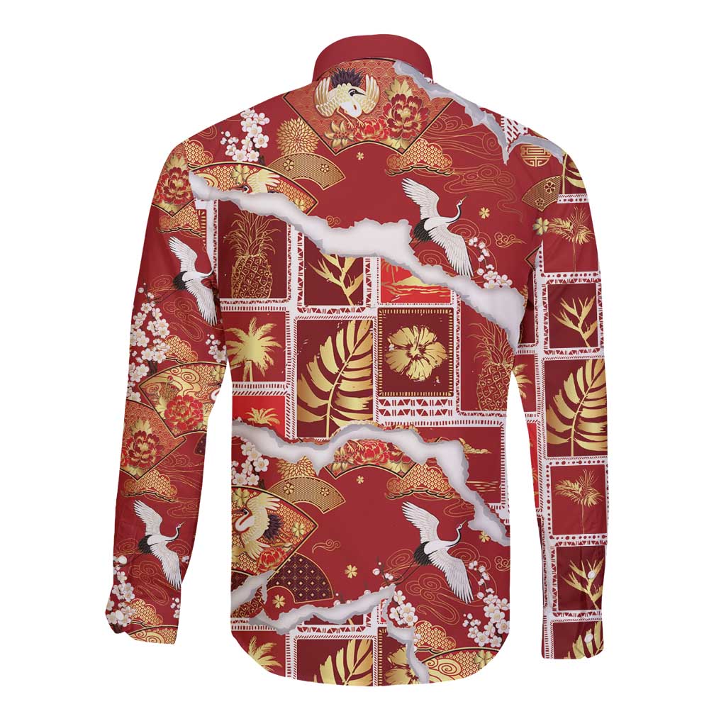 Hawaii Japanese Culture Red Long Sleeve Button Shirt Spring Cranes Aloha Pattern