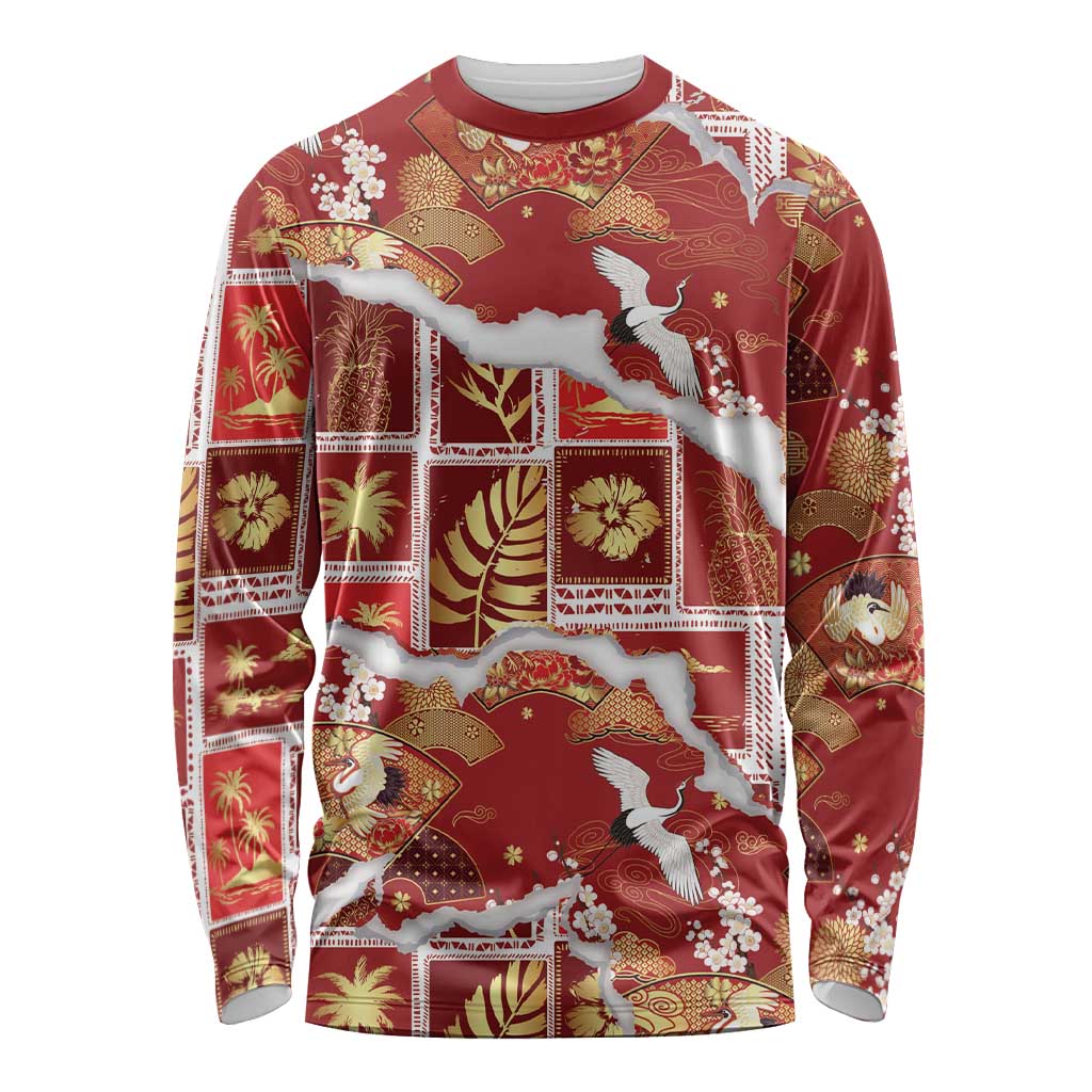 Hawaii Japanese Culture Red Long Sleeve Shirt Spring Cranes Aloha Pattern