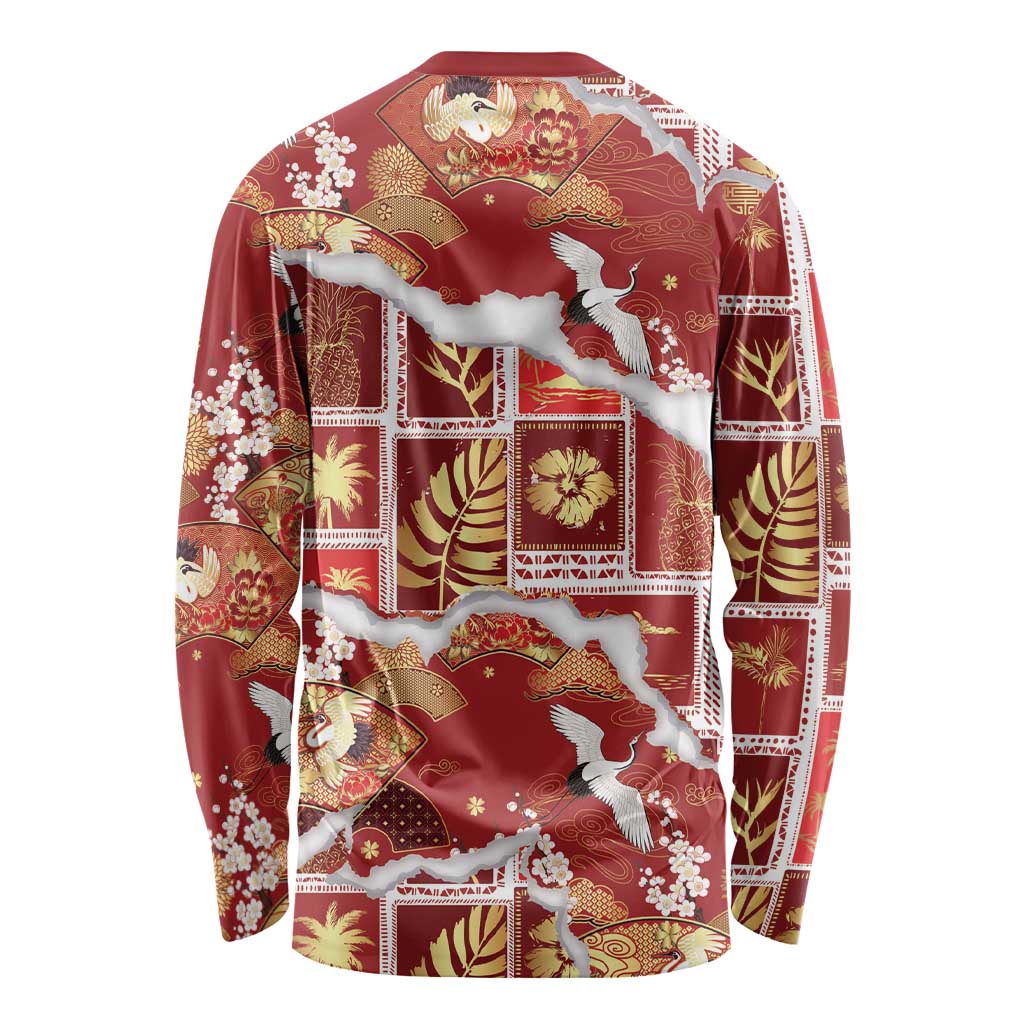 Hawaii Japanese Culture Red Long Sleeve Shirt Spring Cranes Aloha Pattern