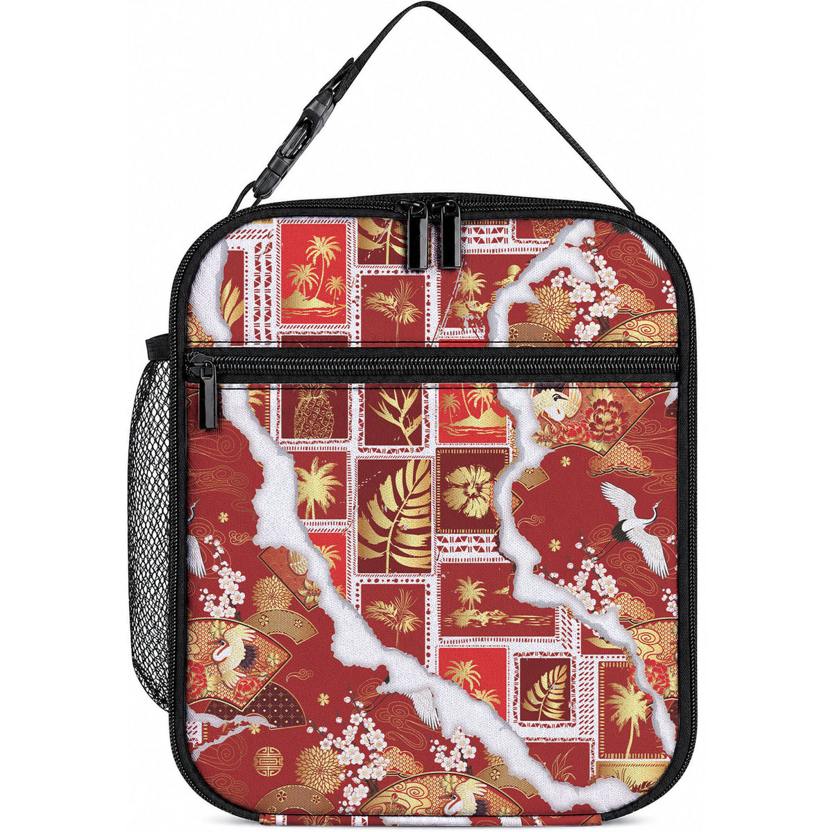Hawaii Japanese Culture Red Lunch Bag Spring Cranes Aloha Pattern LT01 10.2 × 8.3 × 4.3 inch Red - Polynesian Pride